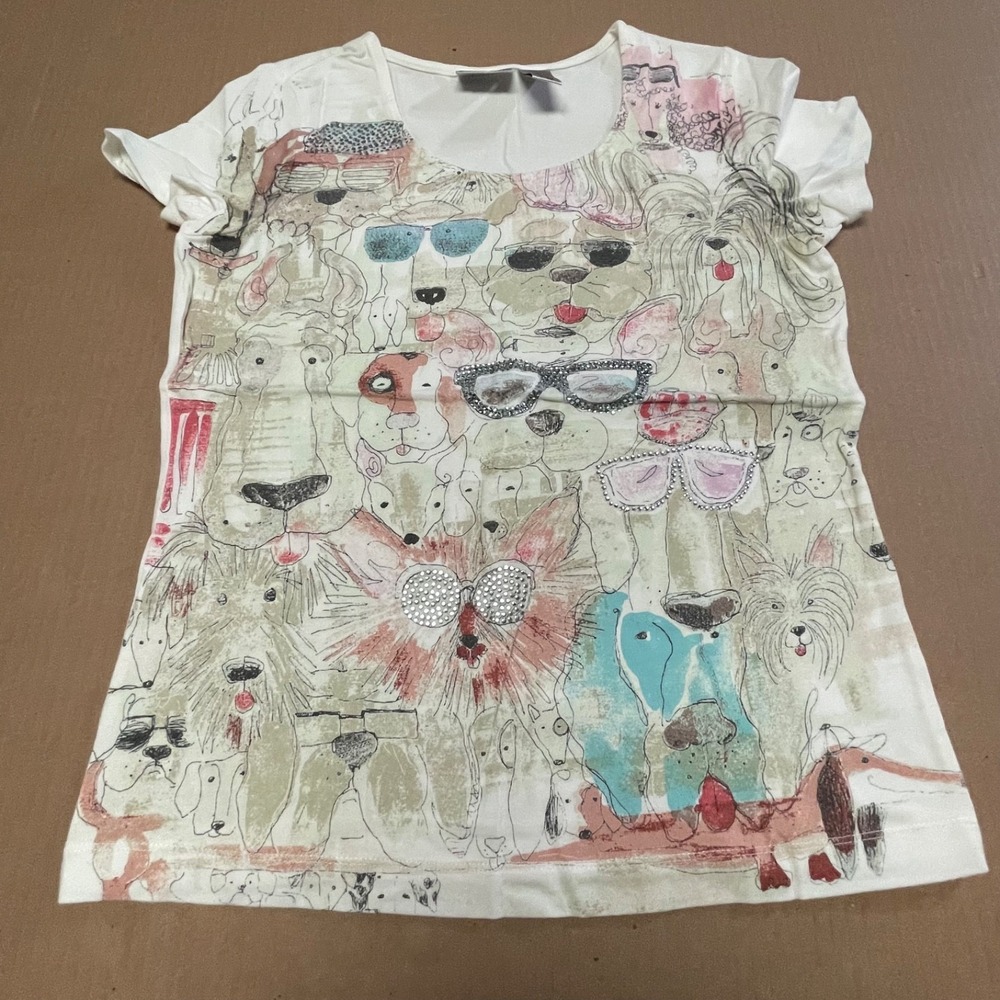 Vintage Chico's Y2K Embellished Dog Collage Rhinestone Graphic T Shirt Sz 0 (S)